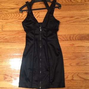 Bebe XS Black Satin zip front halter dress